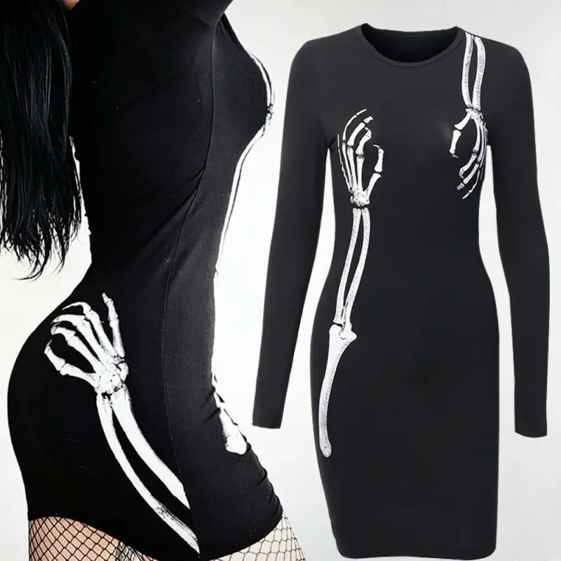 Сексуальное женское черное короткое платье с длинным рукавом рисунком в виде