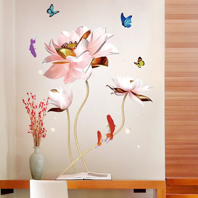 

3D Chinese Style Lotus Wall Sticker Flower Living Room Wall Decor Aesthetic Teen Posters on The Wall Mural Art Wallpaper