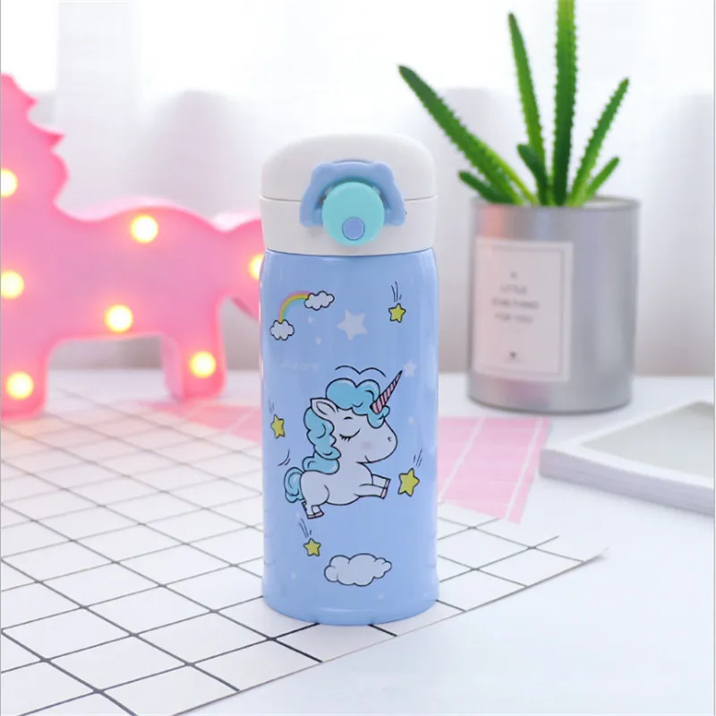 Бутылки для воды 500 мл емкость питьевая вода мультфильм Единорог нержавеющая сталь термосы бутылка для воды детский подарок кухня, W - Цвет: Blue