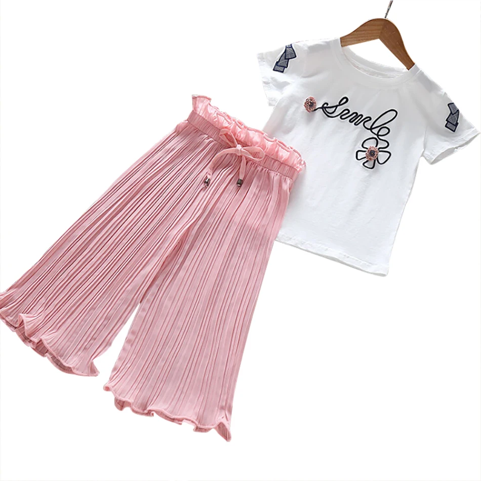 

2021 Girl Summer Clothes Set Fashion Letter Printed Short T-Shirt + Chiffon Pants Kids Casual Outfits 3 to 10 Years