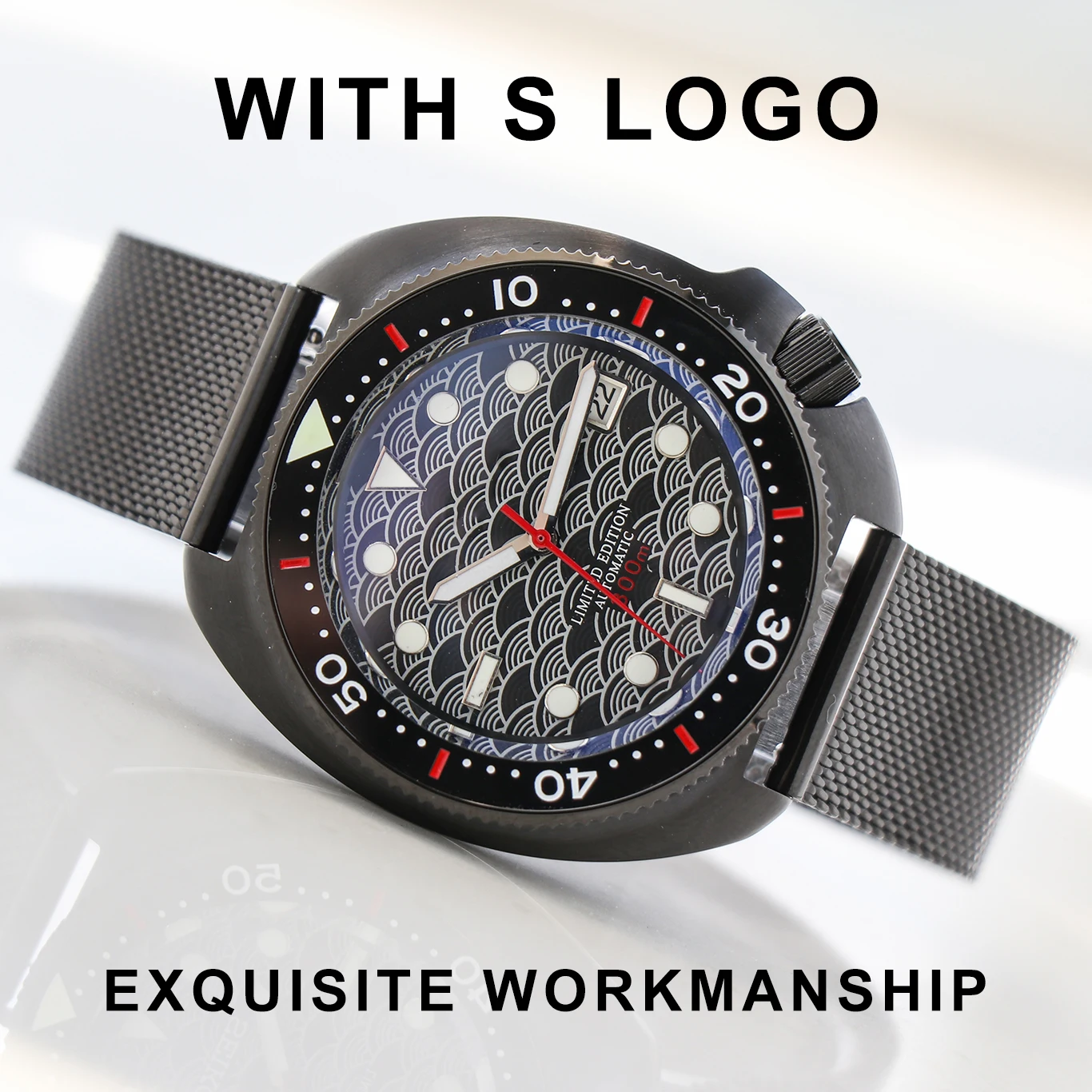 Мужские часы для дайвинга 45 мм сапфировое стекло с кристаллами PVD черная черепаха