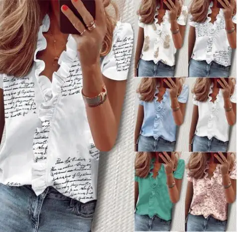 

Summer New Style Fashion Design Ruffled Short Sleeve Slim Pineapple Print Shirt Women S-3XL Multiple Colors