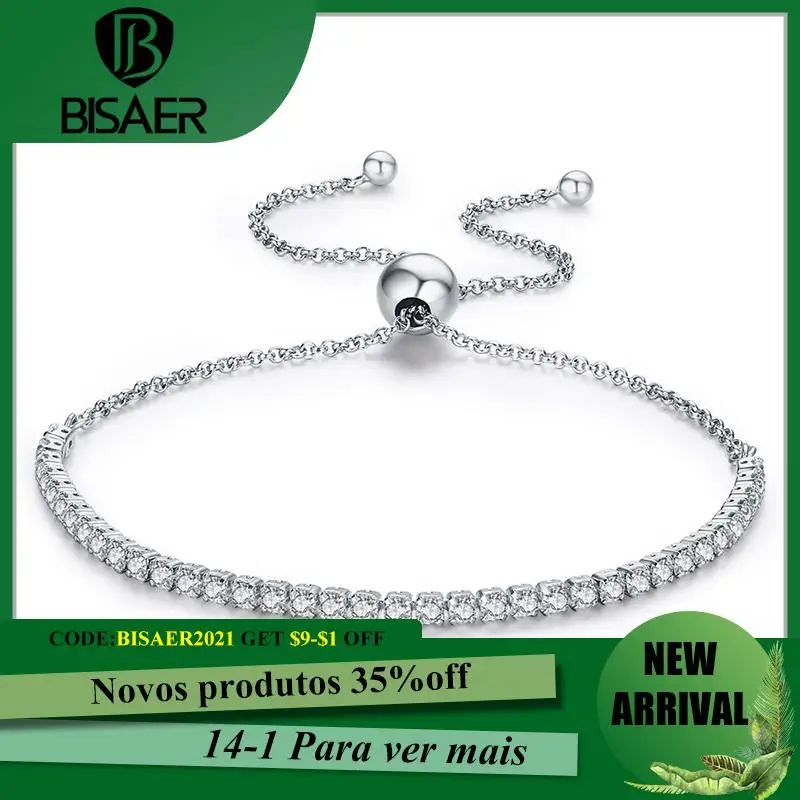 

BISAER Bracelets Genuine 100% 925 Sterling Silver Minimalism Bright CZ Original Bracelet For Women Silver Jewelry Gift HSB029