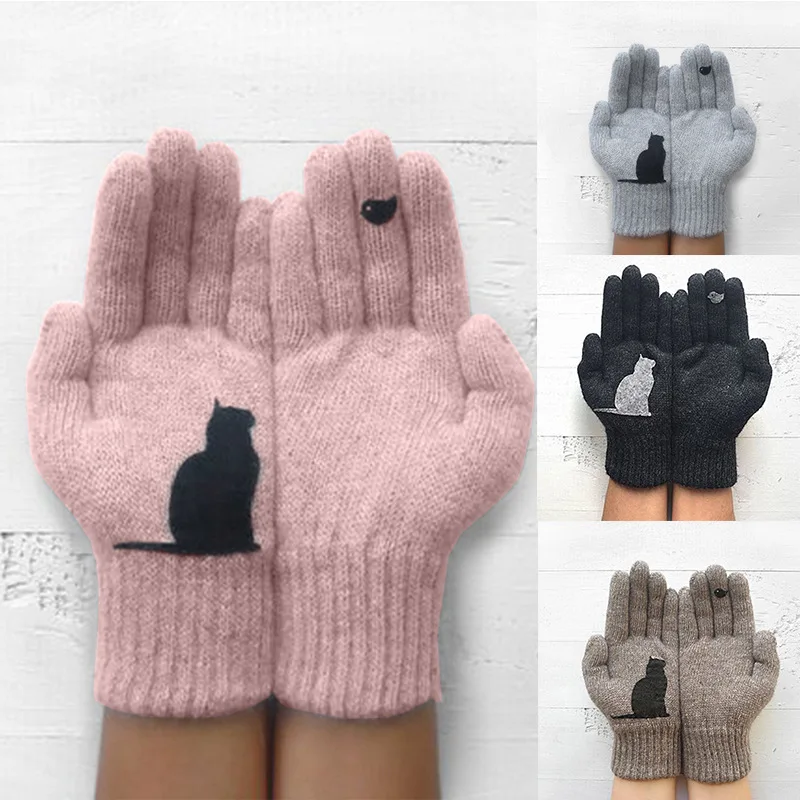

Women Lady Winter Warm Animal Cat Printed Knitted Gloves Thermal Gloves Mittens