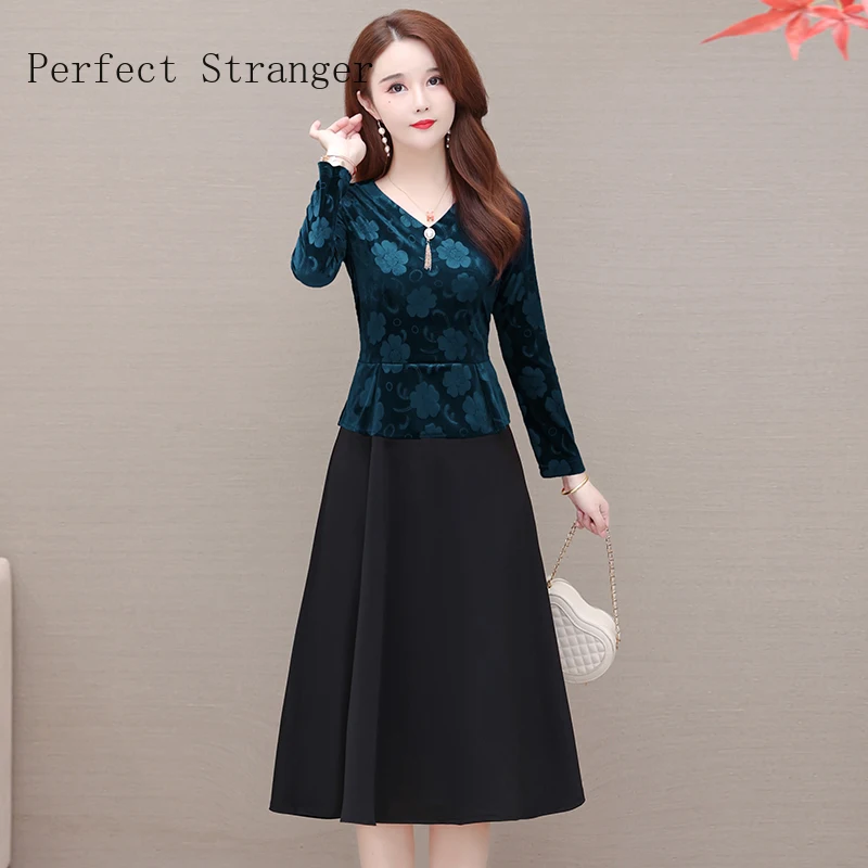 

Женское длинное бархатное платье, элегантное платье из двух частей с V-образным вырезом и длинным рукавом, зима 2021