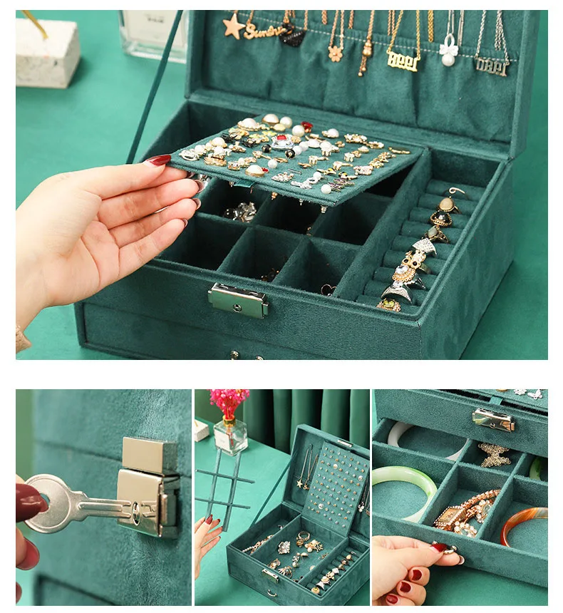 Jewelry Display Holder Boxes With Lock Fashion Business Beauty Case Bracelet Necklaces Earrings Rings Lipstick Storage Organizer