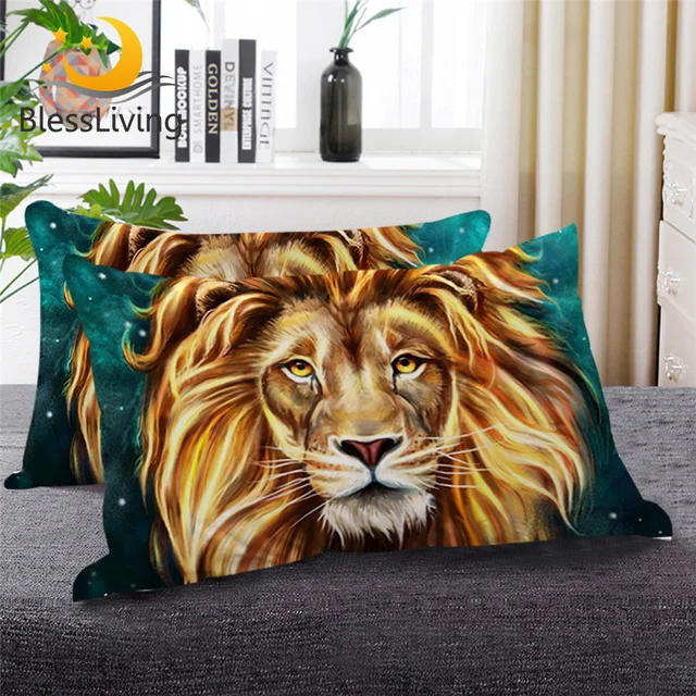 BlessLiving Gold Lion Sleeping Down Alternative Throw Pillow Artistic Lion Face Body Pillow Oil Painting Animal Bedding 1pc 1