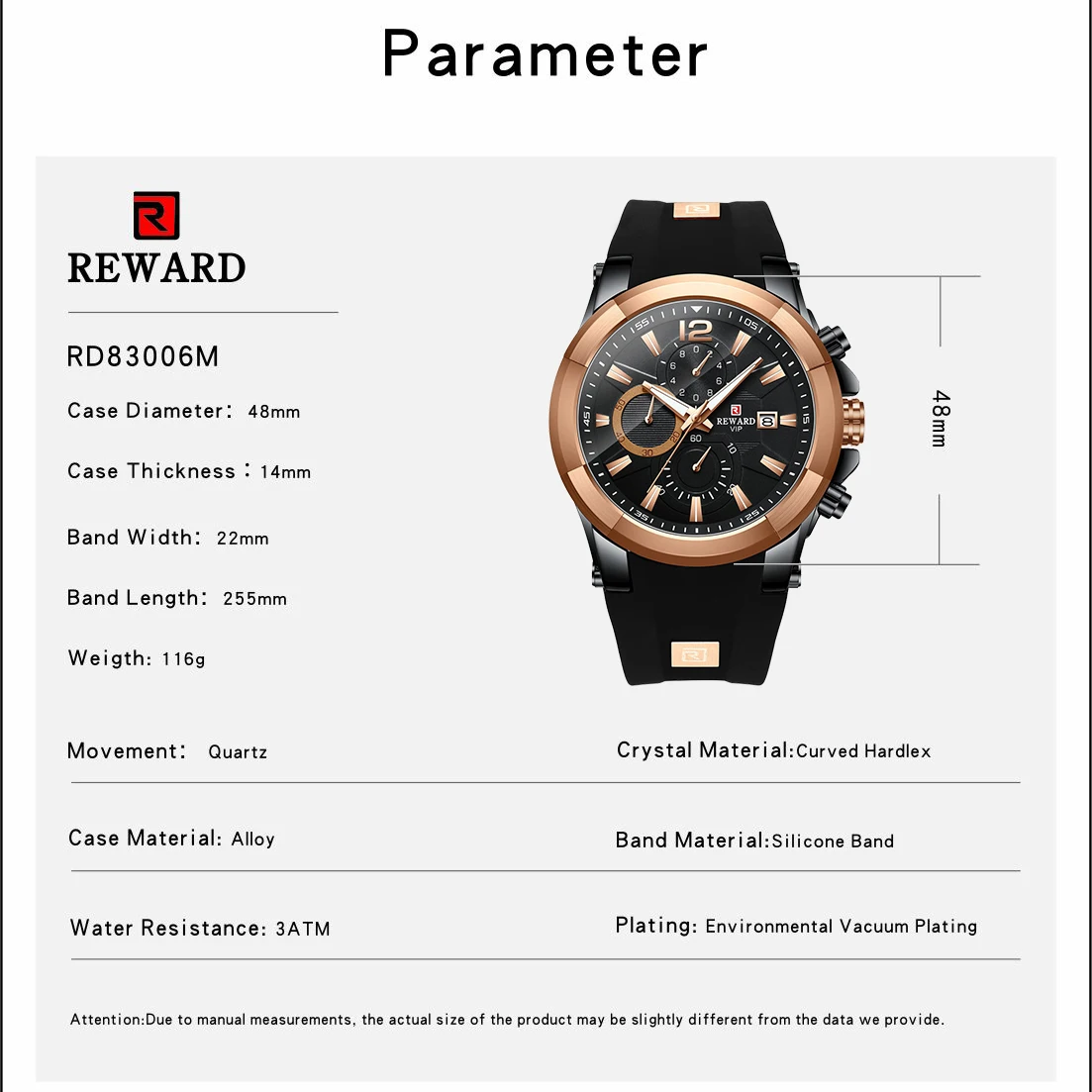 

REWARD Luxury Rose Gold Sports Big Dial Watches Quartz for Men Silicone Band Luminous Hand Relogio Masculino