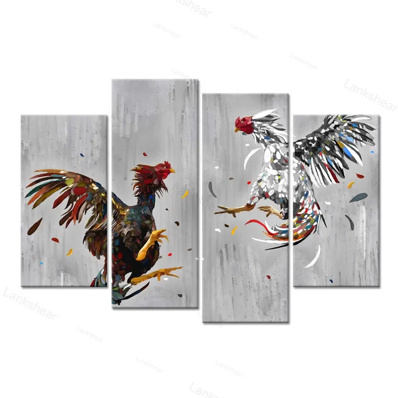 4 Panels Home Decor Poster Canvas Animal Wall Art Cock Fighting Picture Painting Rooster Print Rustic Chicken Room | Дом и сад