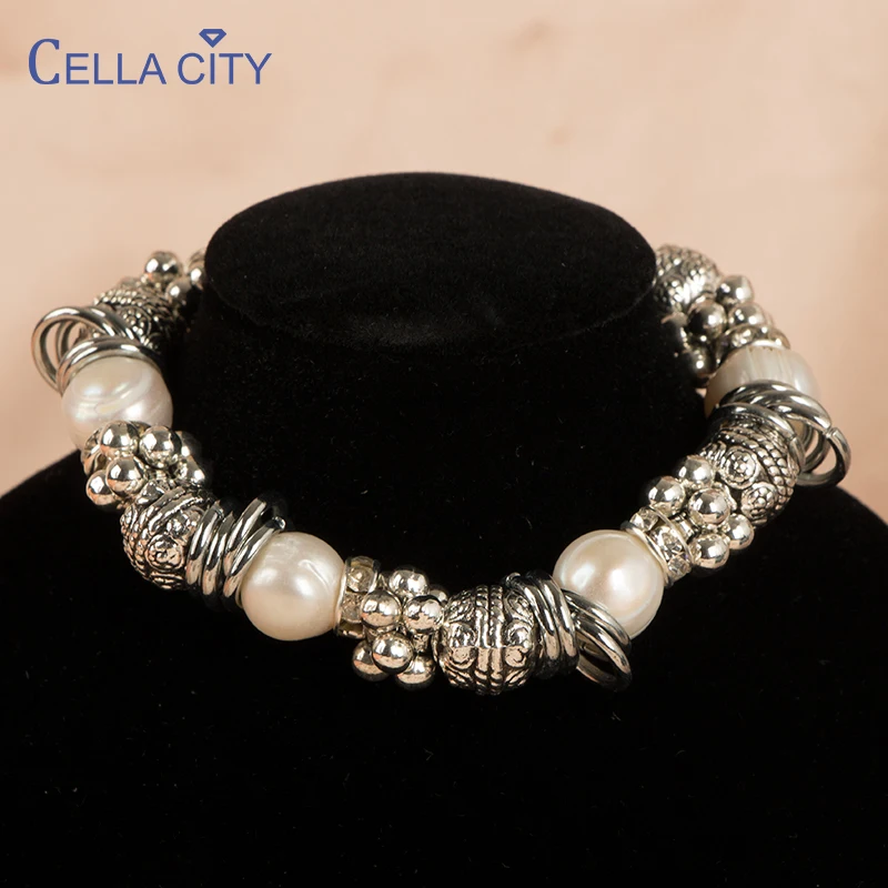 Cellacity Silver 925 Bracelet for Women With Natural Freshwater Pearl Metal punk style Party Female fine Jewelry Gift | Украшения и