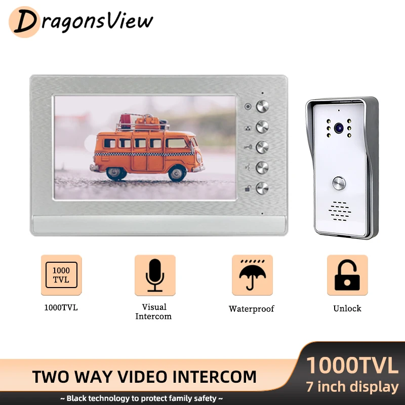 DragonsView 7 Inch Wired Video Intercom Door Entry System with Lock Waterproof Night Vision Outdoor Doorbell 1000TVL