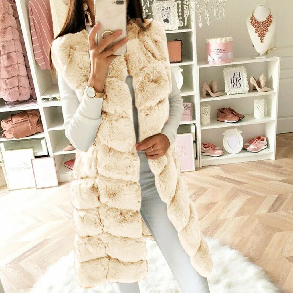 Beige Womail пальто с искусственным мехом для девочек, повседневный жилет, пальто без рукавов, женский модный кардиган, однотонный, на пуговицах, без капюшона, верхняя одежда - Цвет: Beige