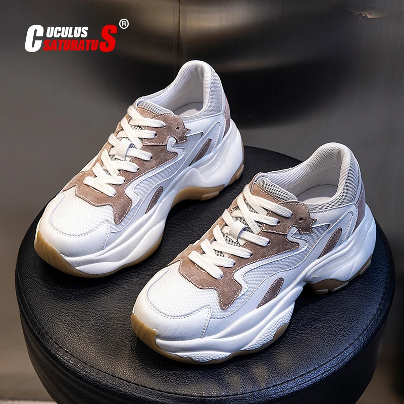 

Cowhide Chunky Sneakers Women 2021 Breathable Mesh Thick Sole Platform Sneakers Woman Lace Up Running Casual Shoes