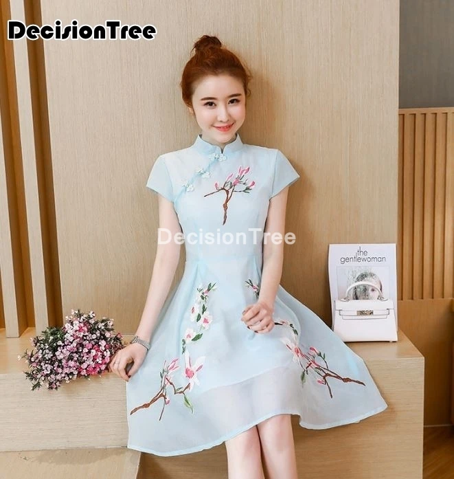2021 китайское платье с коротким рукавом восточное Ципао цветочной вышивкой