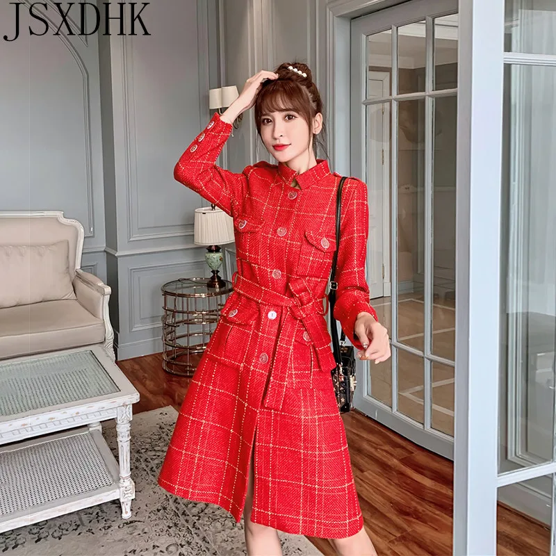 Женское шерстяное пальто с поясом длинное однобортное в стиле милитари твидовая