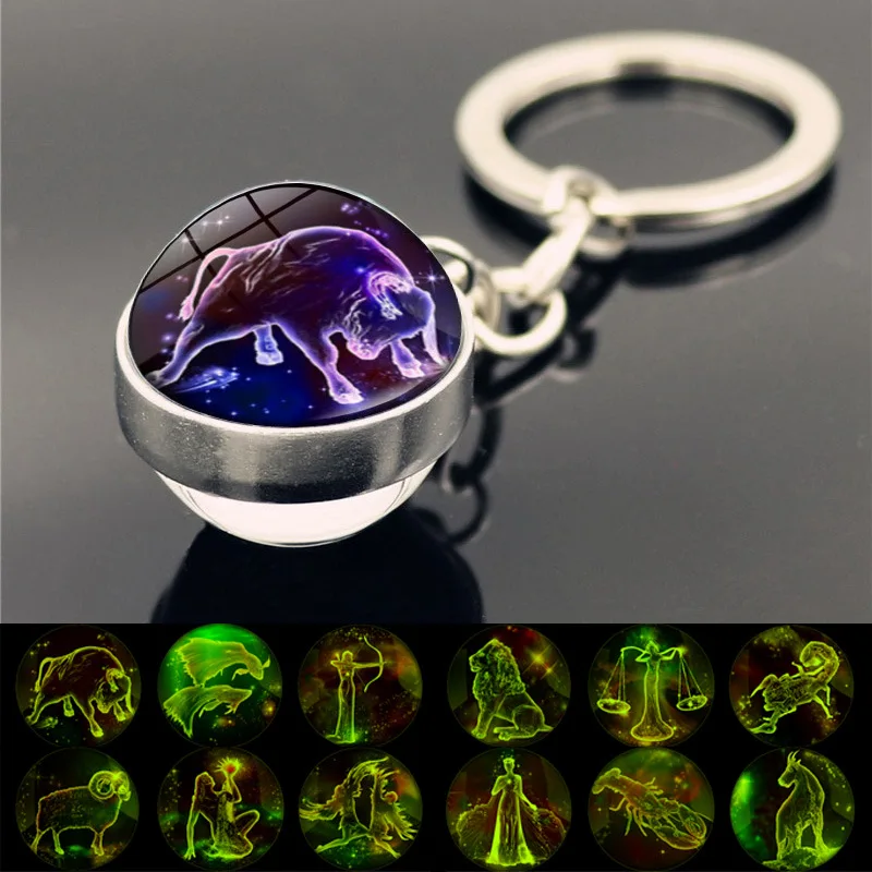 

WG 1pc 12 Constellation KeyChain Pendant Cabochon Time Gem Luminous Glass Ball Ornament Metal Keychain For Lovers Jewelry