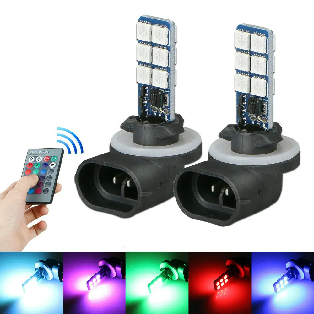 

2 шт. мульти-Цвет 881 5050 RGB светодиодный 12SMD автомобилей головной светильник лампа для противотуманной фары с пультом дистанционного управлен...