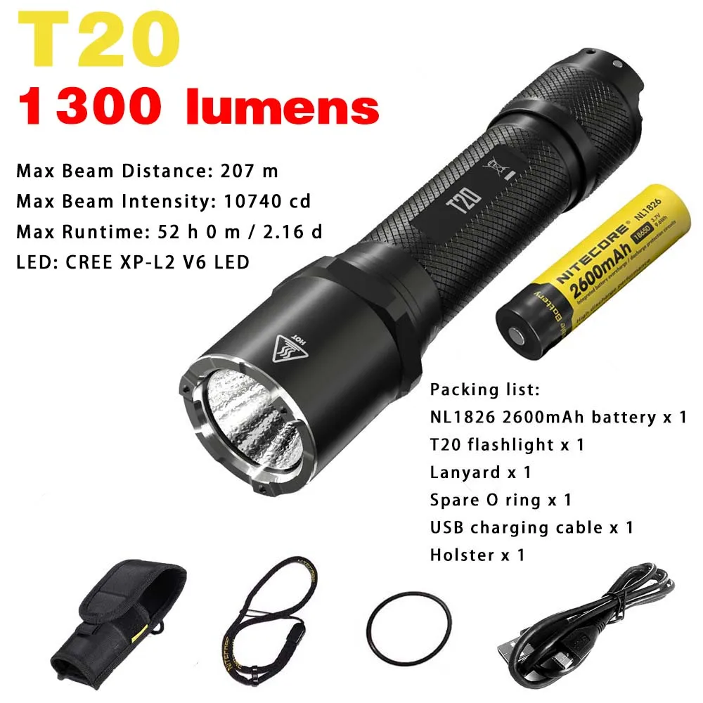 T20 1300 LMs High Power LED Flashlights USB Rechargeable Flashlight Outdoor Tactical Torch Lantern Gifts 2600mAh 18650 Battery