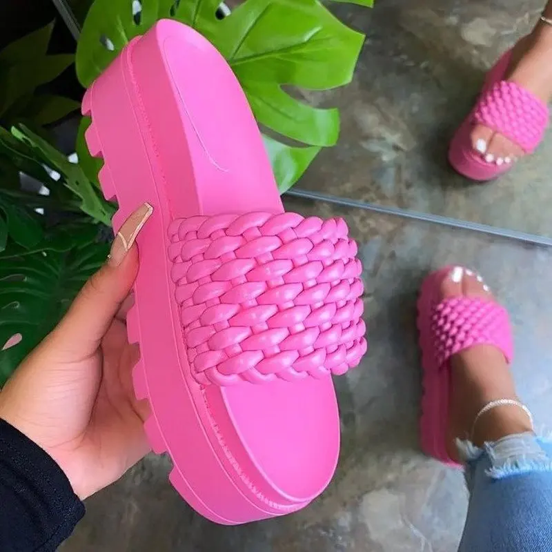 

2021 New Summer Sandals Open Toe Mid-heel Comfortable and Fashionable Woven Slippers Solid Color Outdoor Women's Shoes