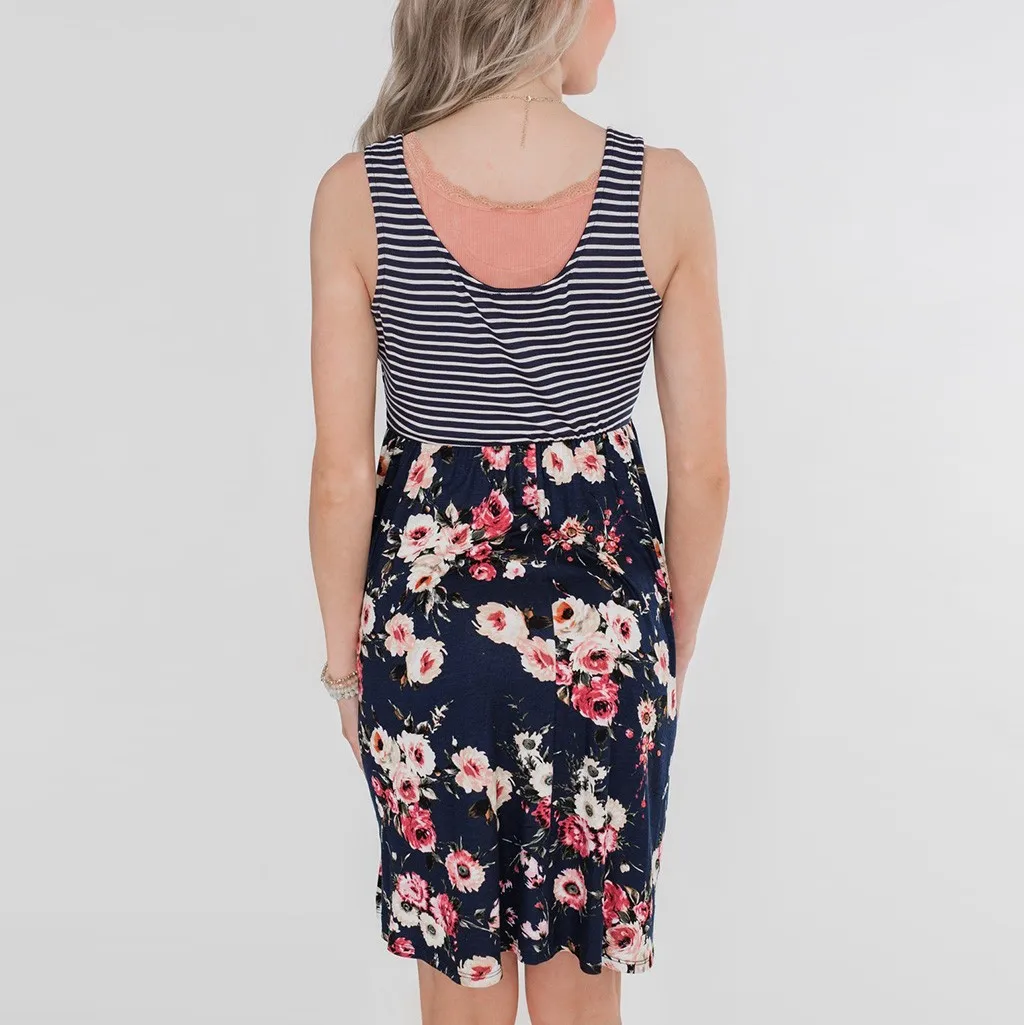 

fashion Women Vintage Floral Bodycon Print Sleeveless Fashion O Neck Striped Pocket Floral Printed Loose Tank Dress Z0503