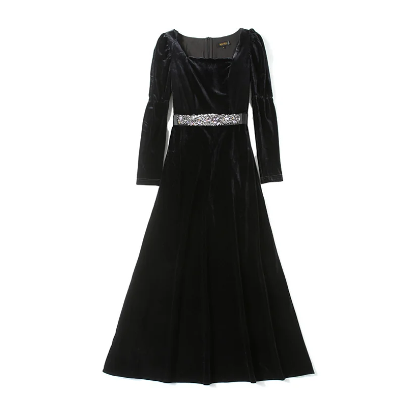 

Autumn and winter black gold velvet dress retro palace style puff sleeve temperament long skirt women casual