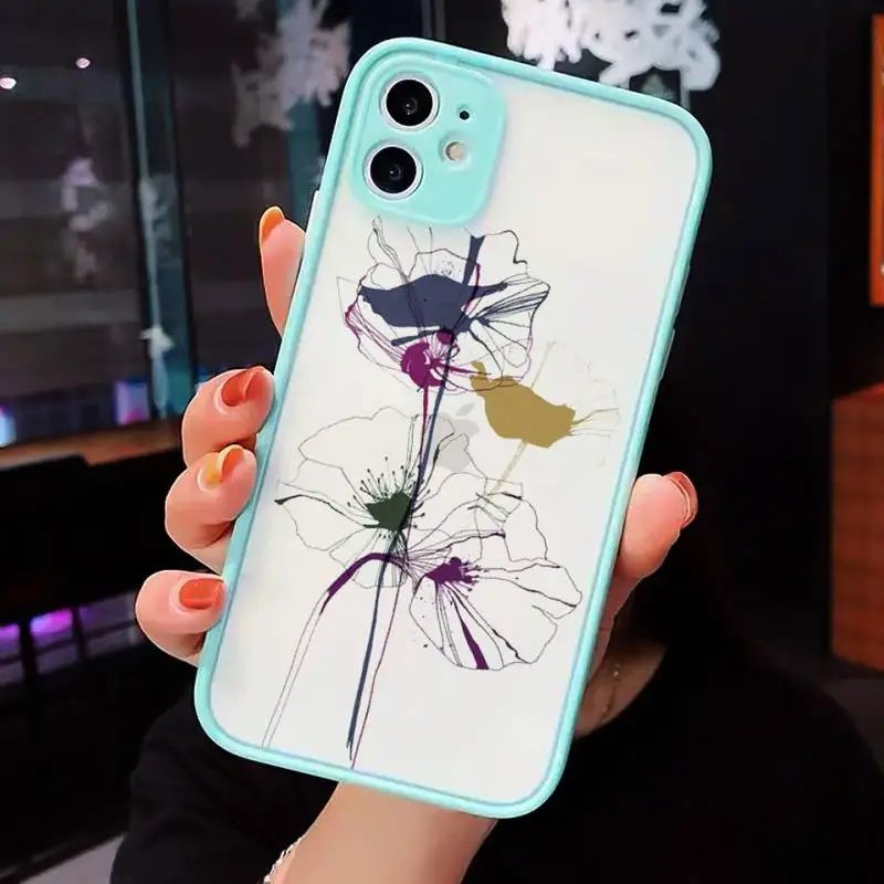 

Watercolor flowers gold leaves Phone Case For iPhone 12 11 Mini Pro XR XS Max 7 8 Plus X Matte transparent blue Back Cover