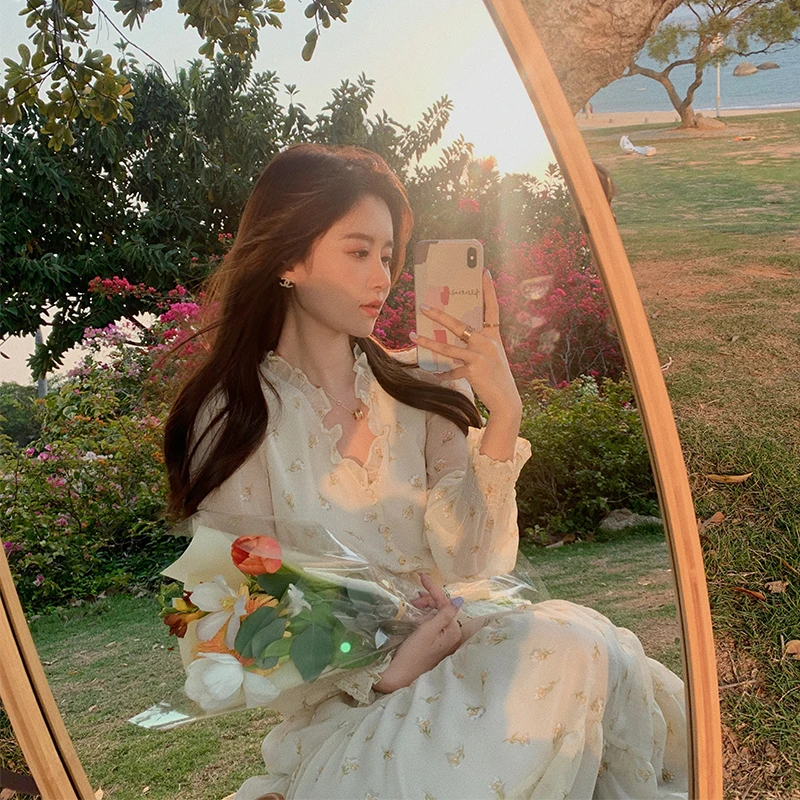 

V-neck Elegant Sweet Dress Women Long Sleeve Chiffon Floral Dress Party Beach Dress for Females Korean Style 2021 Summer Chic
