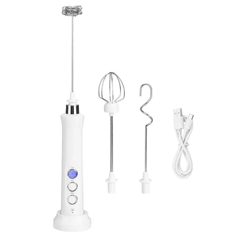 

1USB Milk Frother 3 Speeds Milk Cappuccino Coffee Foamer 3 Whisk Latte Drink Mixer Electric Food Blender Rechargeable with Stand