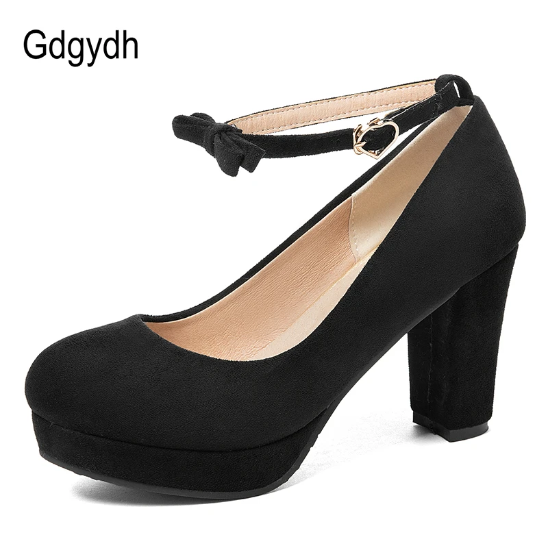 

Gdgydh Ankle Strap High Heels Women's Pumps Flock Thick Platform Mary Jane Shoes Pink Wedding Shoes Sweet Bowknot Plus Size 47