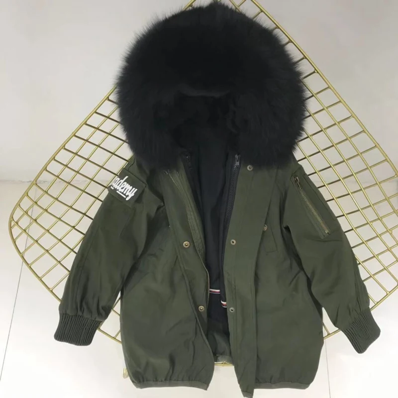 green black fur Настоящий мех кролика, парки, пальто с капюшоном из лисьего меха, Детская куртка для мальчиков и девочек, ветровка, детская зимняя одежда - Цвет: green black fur