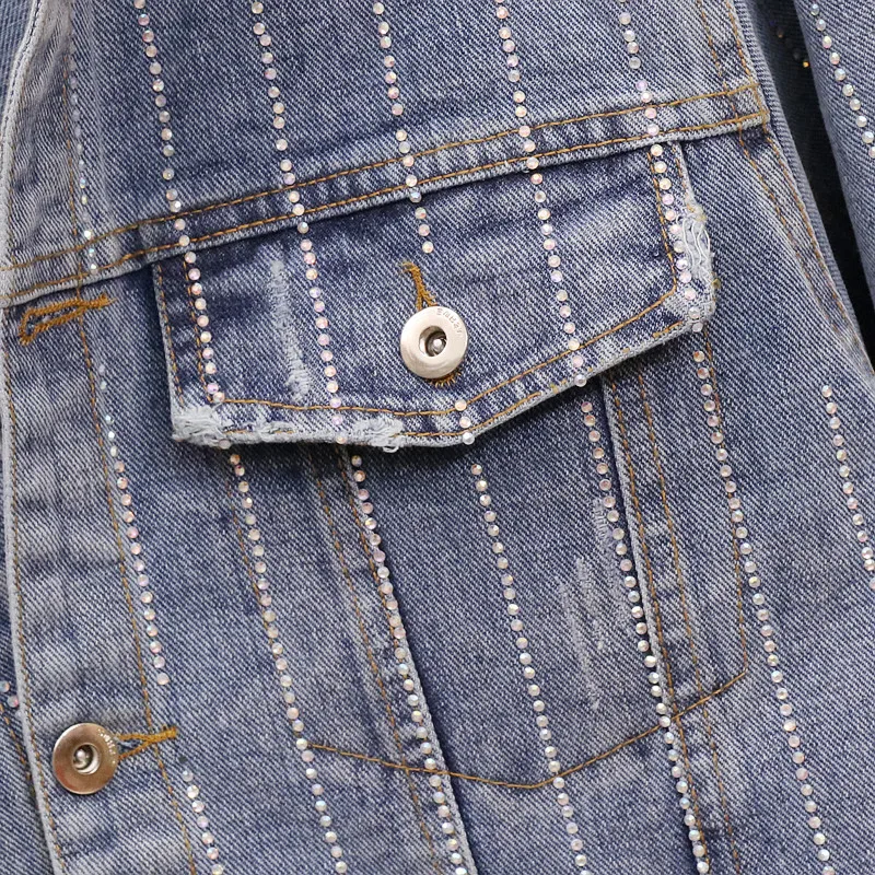 Осеннее джинсовое пальто женское в полоску со стразами|Женские куртки| |