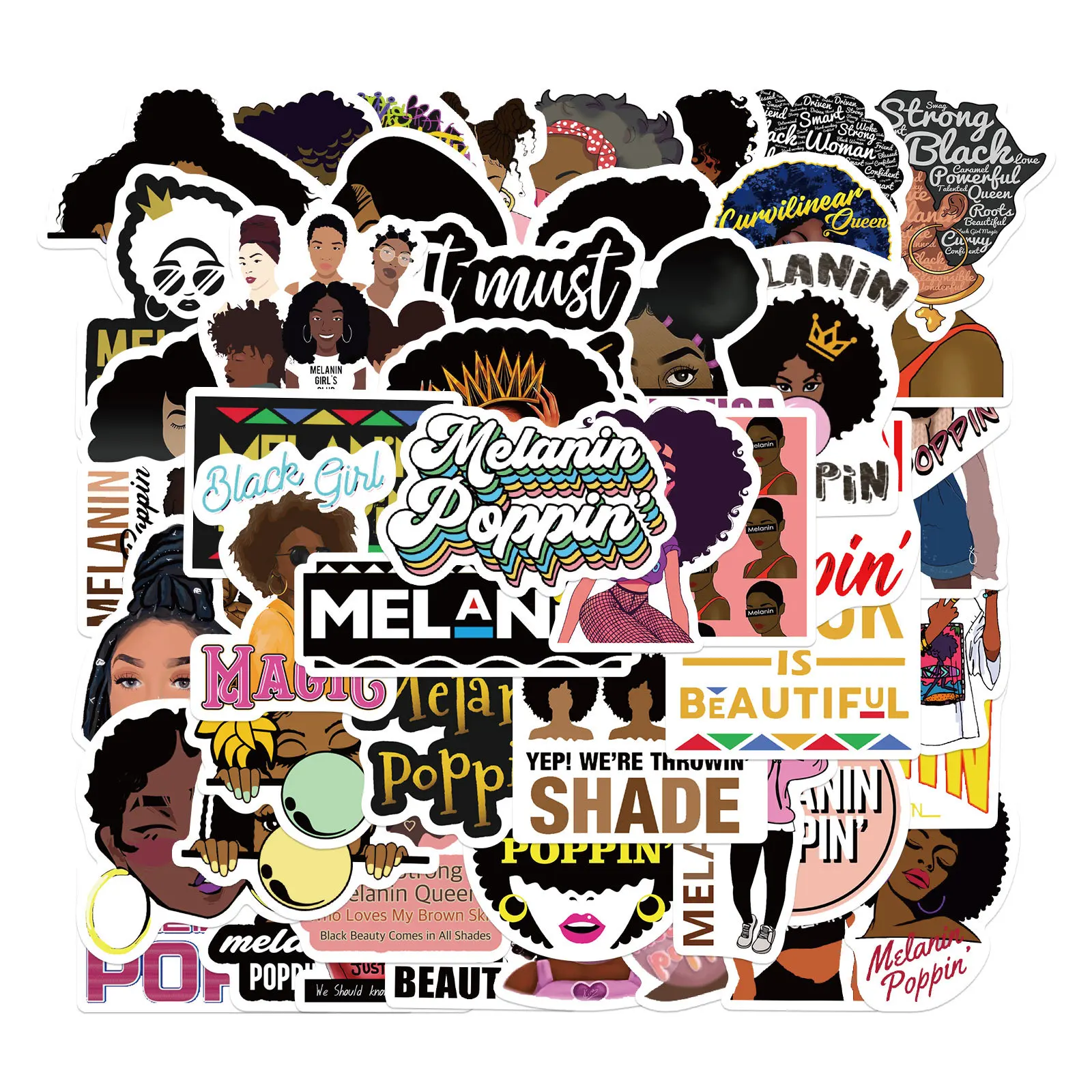 

50pcs Beautful Black Melanin Poppin Stickers Graffiti Guitar Scrapbook Skateboard Cup Phone Luggage Laptop Waterproof Stickers