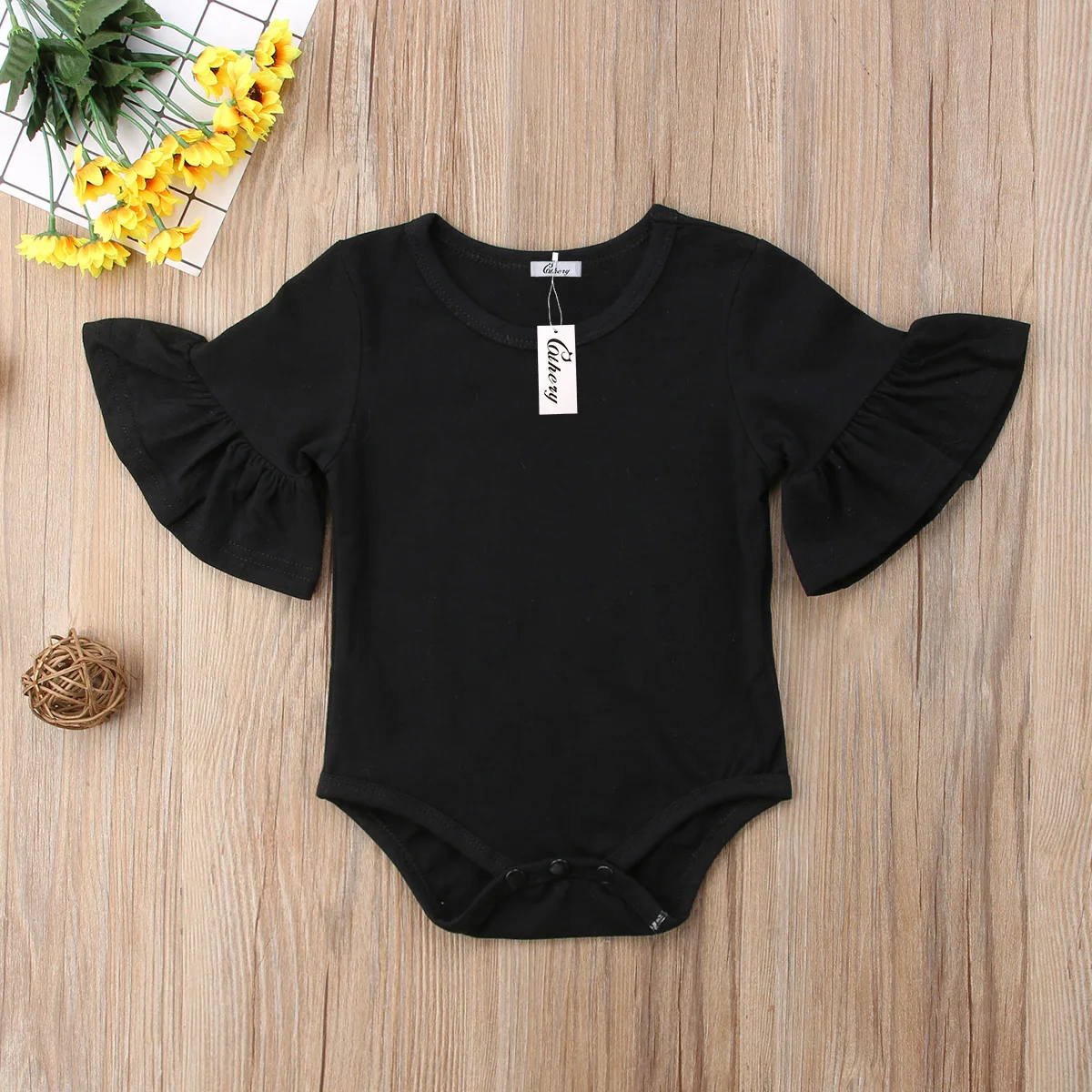 Newborn Infant Baby Girl Clothes Cotton Solid Flared Sleeve Bodysuits Jumpsuit Sunsuit Outfits
