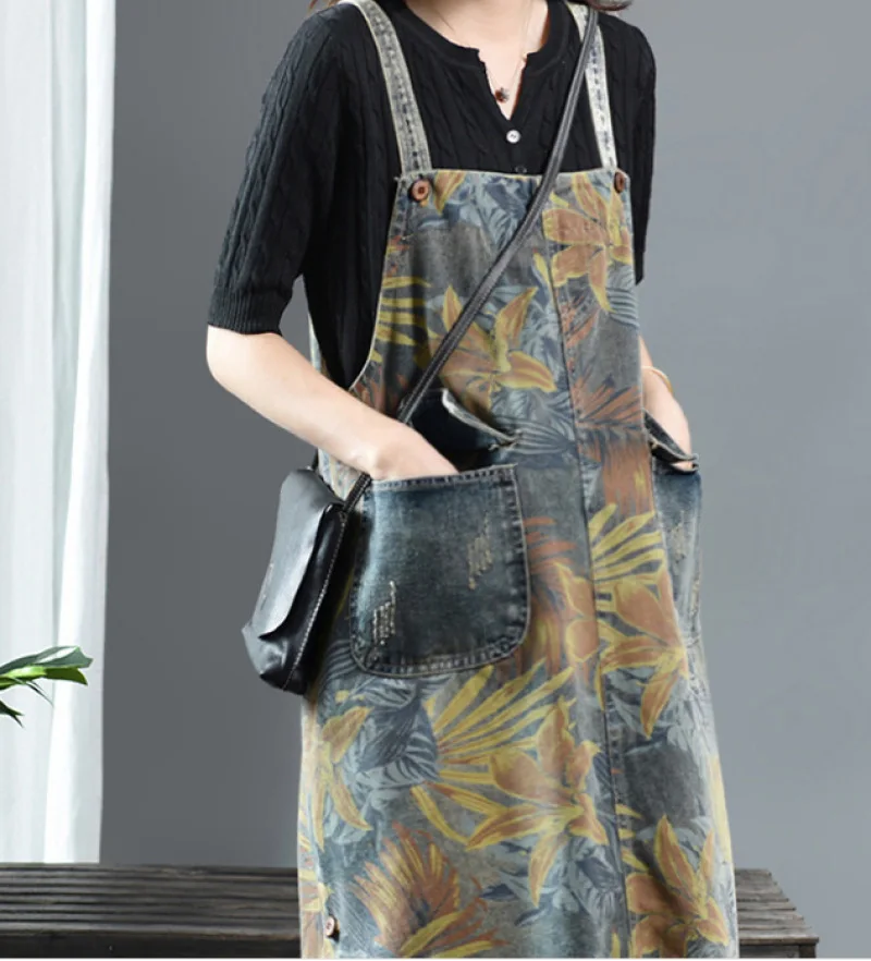 

Womens Loose Wild Dress New Strap Denim Dress for Ladies Personality Printed Rompers Casual Commuter Dress