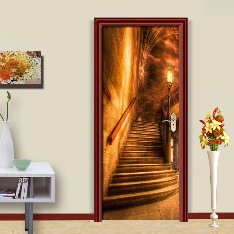 Самоклеящиеся наклейки на дверь из ПВХ золотой коридор лестница фотообои для