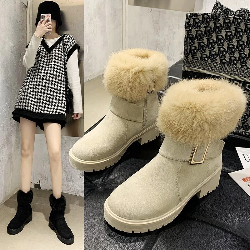 

Winter Boots Women Plush Warm Shoes Casual Zipper Ankle Boots Black Platform Shoes Comfort Snow Boots Square Heels Ladies Shoes