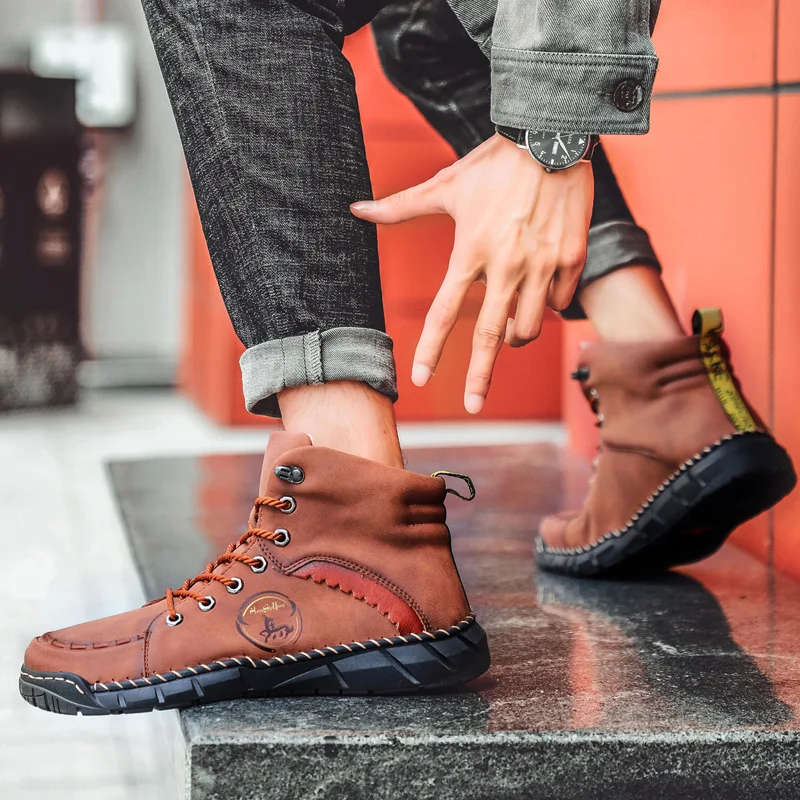 2021 зимние мужские ботинки из натуральной кожи Удобные теплые черного цвета