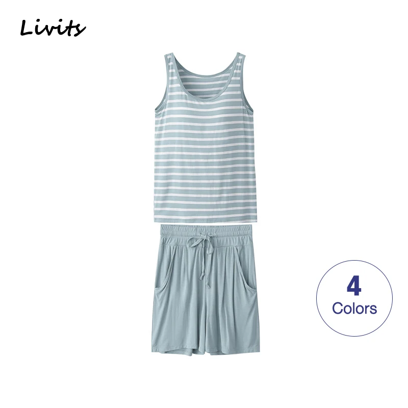 

Women Pajamas Sets Built-in Bra Padded Stretchable Modal Pyjamas Sleepwear Nightwear Sleeveless Stripe Sexy Casual Korean SA0089