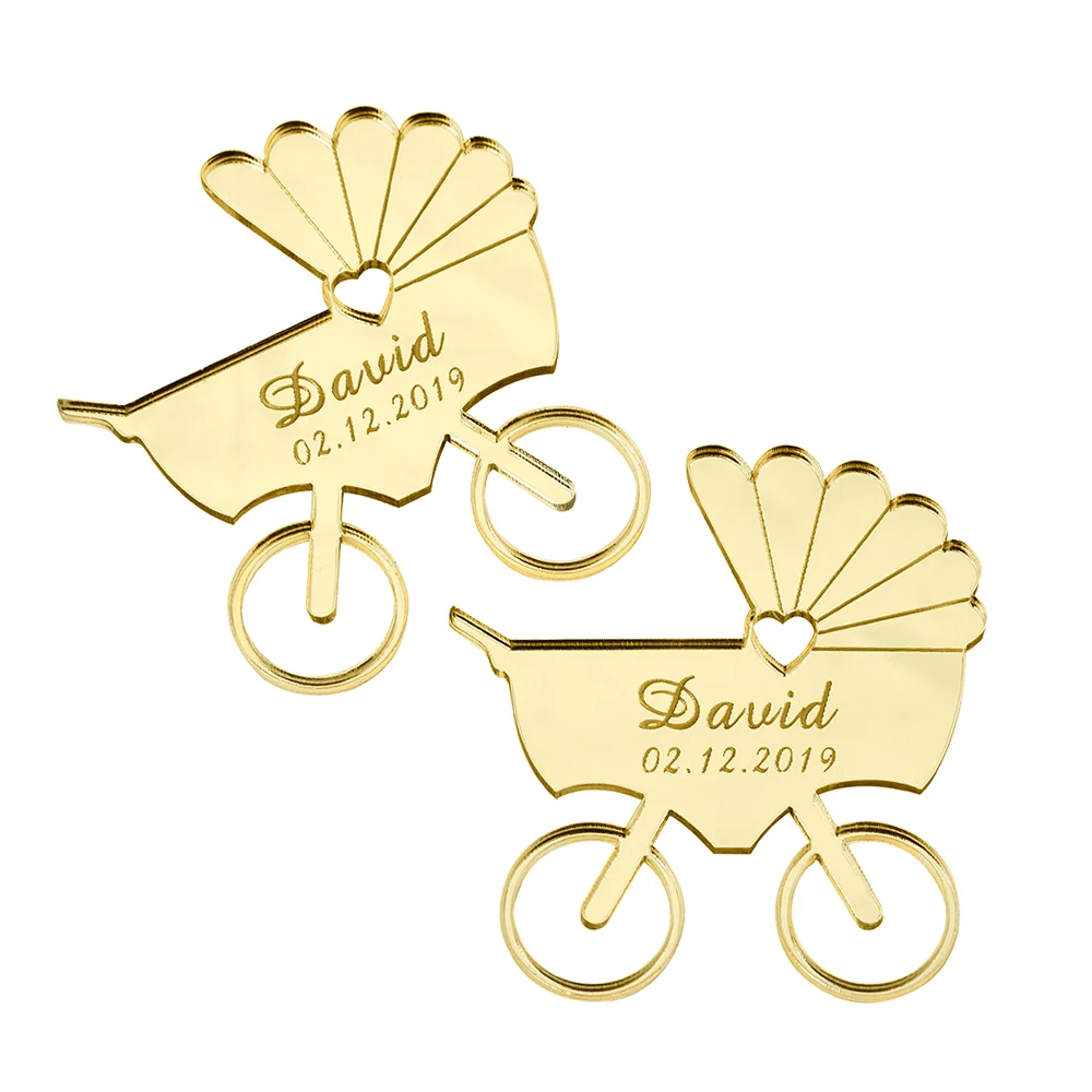 

30pcs Personalized Engraved Mirror Wood Baby Carriage Name Card New Birth Born Stcikers Baby Shower Gift Tags Favors Decor