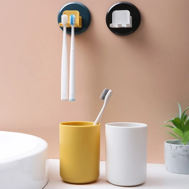 

Wall Mount Toothbrush Holder with a Cup Punch Free Storage Rack Bathroom Supplies EY669