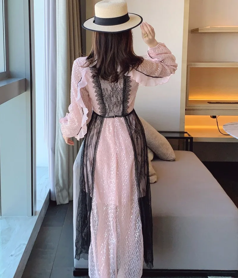 

High Quality 2021 spring fashion women Sequined Lace Stitching Mesh Ruffled Dress