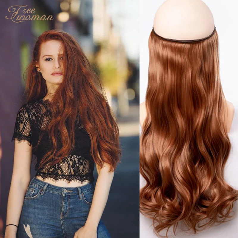 

FREEWOMAN Brown Invisible Wire No Clips In Hair Extensions Secret Fish Line Hairpieces Synthetic Straight Wavy Hair Extensions