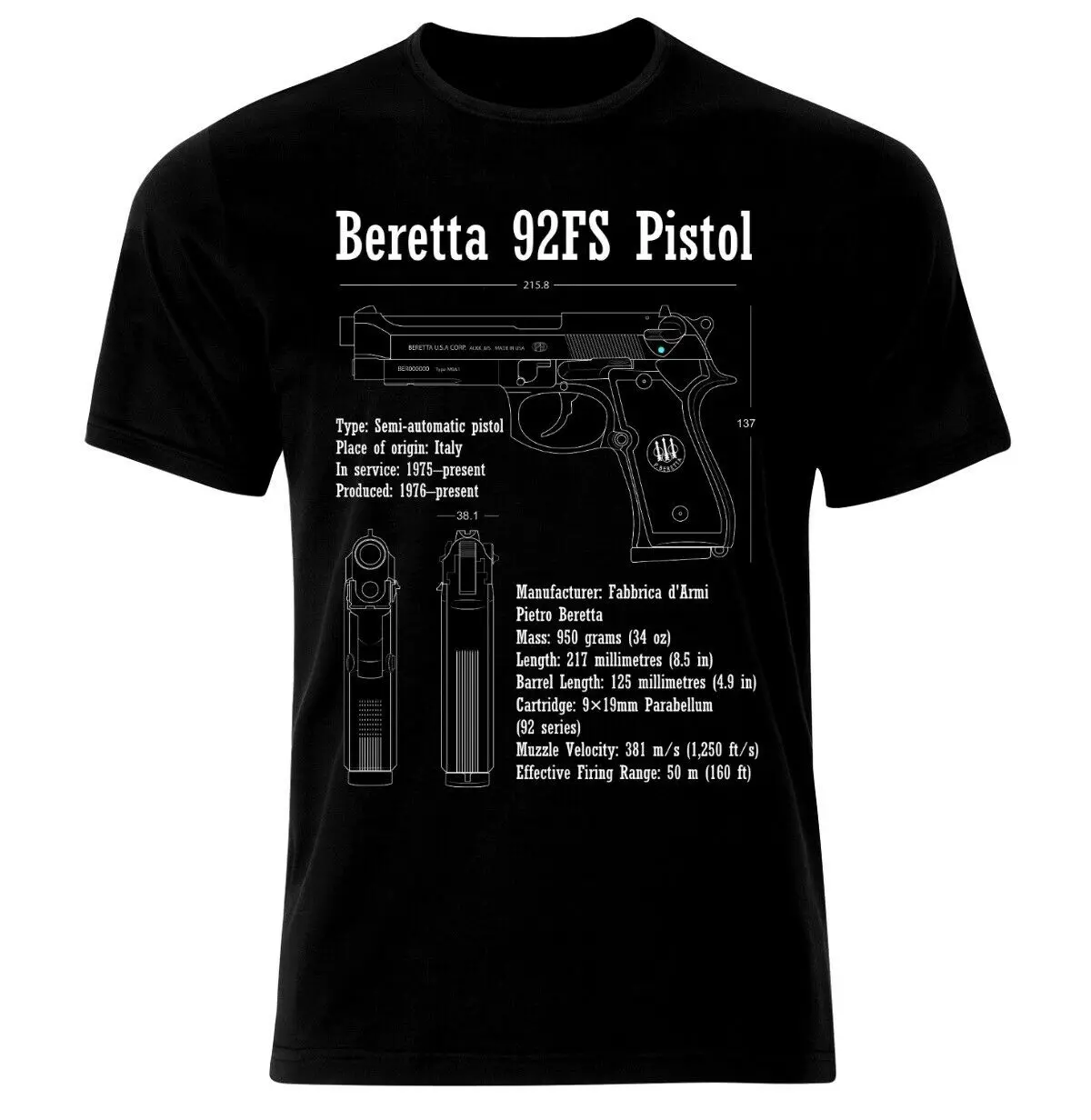 

Beretta 92FS Pistol Handgun Blueprint Patent Weapon LE PISTOLET Men's summer cotton o-neck t-shirt