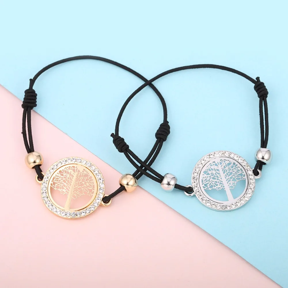 

JESSIC Tree of Life Round Charm Gold Bracelet For Women Elastic Black Rope Chain Crystal pulseras mujer moda Dropshipping 2020