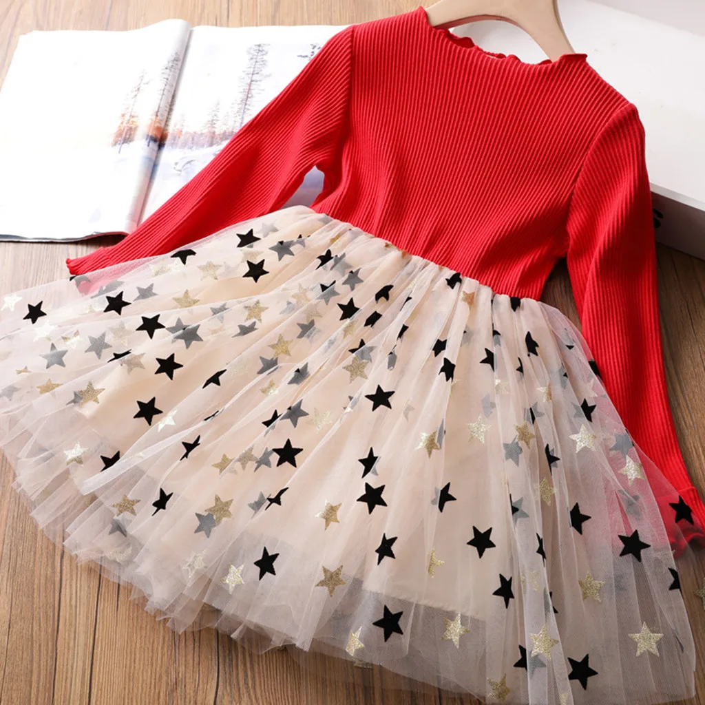 

Toddler Baby Girls Spring Autumn Ruched Long Sleeve Tutu Dress Kids Girls Sequin Star Print Tulle Dress vetement bebe fille 2021
