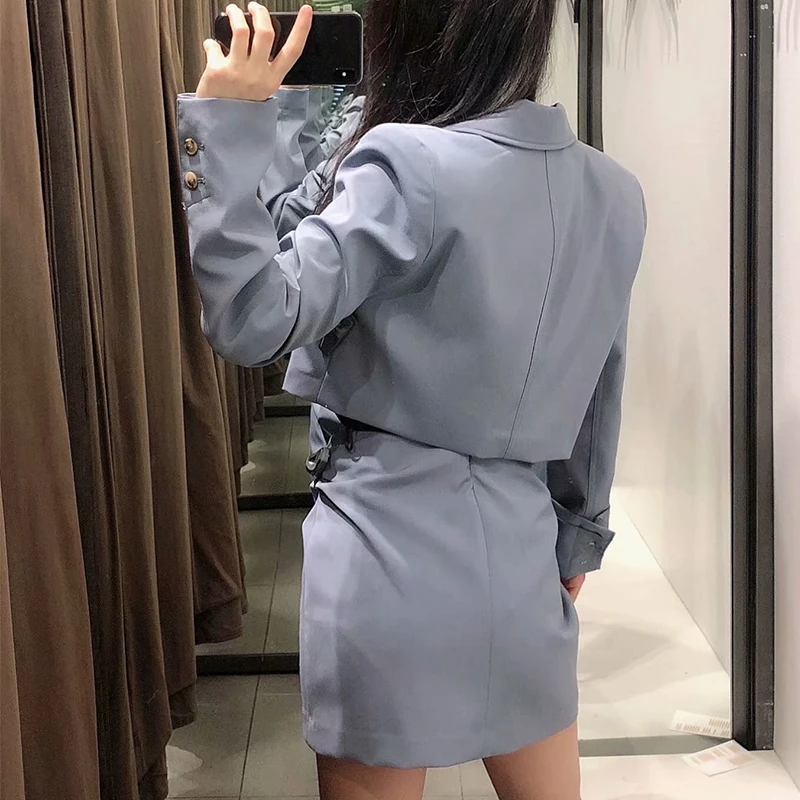 

2021 ZA Women 2 Pieces Spring Solid Skirts Blazer Jacket Set for Business Long Sleeves Office Lady Party Suits Female Outwear