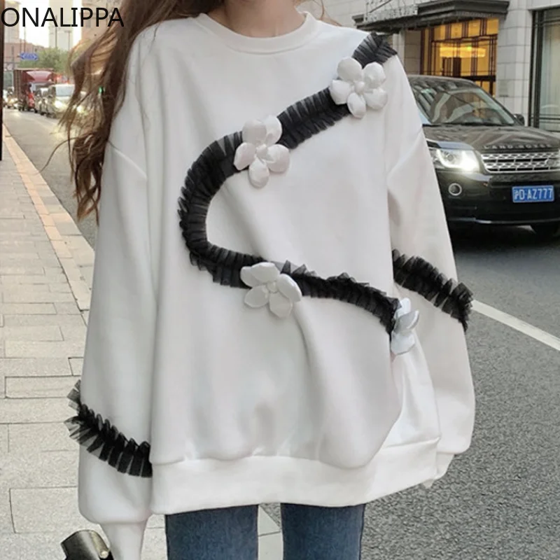 

Женские толстовки ONALIPPA, новинка сезона осень-зима 2021, шикарный модный дизайнерский Свободный пуловер средней длины с флисовой подкладкой д...