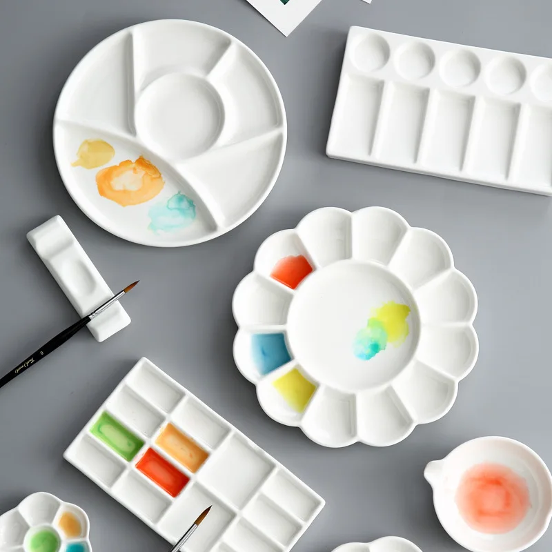 Flower Plum Rectangle Ceramic Palette Color Mixing Paint Palette Tray For Watercolor Gouache Acrylic Painting Art Supplies