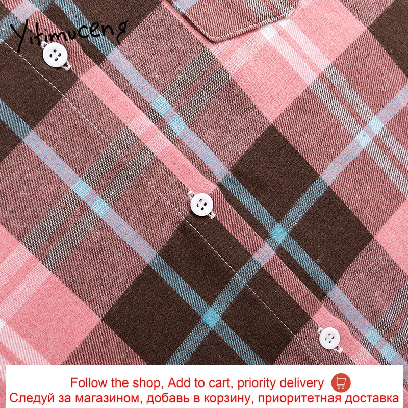 

Yitimuceng Khaki Blouse Women Office Lady Plus Size Clothing Long Sleeve Plaid Shirts Spring Korean Fashion Casual Vintage Tops