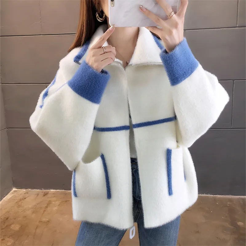 

Autumn Winter Faux Mink Cashmere Cardigan Women Patchwork Sweater Loose Big Pocket Long Sleeve Short Zipper Jacket Coat Female
